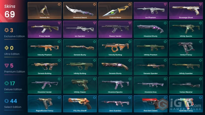 AP - LVL 174 - Unranked - 3 Knifes - 69 Skins (~9,750 VP) Hivemind Sword, Outpost Melee, Genesis Arc, Reaver Vandal, Prime Vandal, Ion Phantom