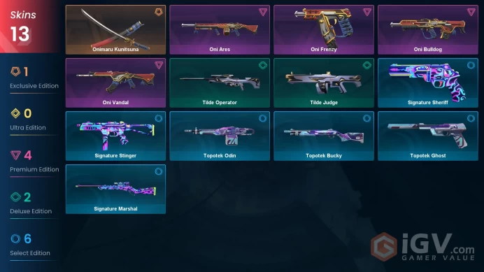 EU - LVL 17 - Unrated - 1 Knife - 13 Skins (~12,450 VP) Onimaru Kunitsuna, Oni Ares, Oni Bulldog, Oni Vandal