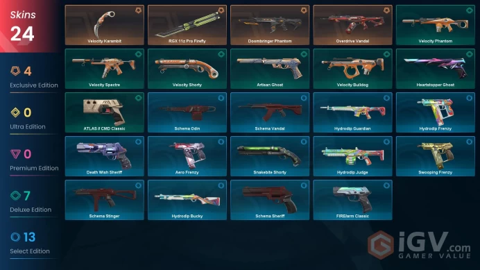 AP - LVL 144 - Unranked - 2 Knifes - 24 Skins (~8,700 VP) Overdrive Vandal, Doombringer Phantom, Velocity Karambit, RGX 11z Pro Firefly