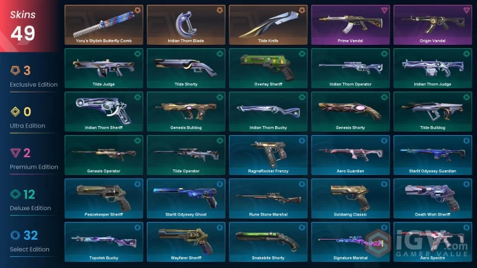 AP - LVL 194 - Unranked - 3 Knifes - 49 Skins (~7,975 VP) Iridian Thorn Blade, Tilde Knife, Yoru's Stylish Butterfly Comb, Origin Vandal, Prime 