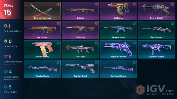 EU - LVL 15 - Unrated - 1 Knife - 15 Skins (~16,775 VP) Onimaru Kunitsuna, Reaver Sheriff, Oni Bulldog, Oni Vandal