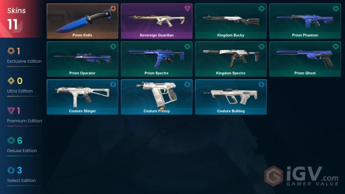 EU - LVL 1 - Unranked - 1 Knife - 11 Skins (~9,425 VP) Prism Knife, Sovereign Guardian, Prism Phantom