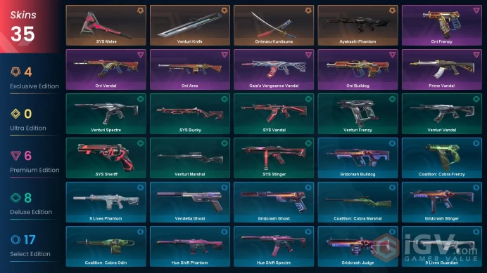 EU - LVL 110 - Unranked - 3 Knifes - 35 Skins (~18,375 VP) .SYS Melee, Ayakashi Phantom, Venturi Knife, Onimaru Kunitsuna, Oni Vandal