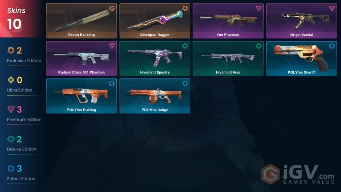 EU - LVL 48 - Unranked - 2 Knifes - 10 Skins (~13,225 VP) Recon Balisong, Glitchpop Dagger, Oni Phantom, Origin Vandal