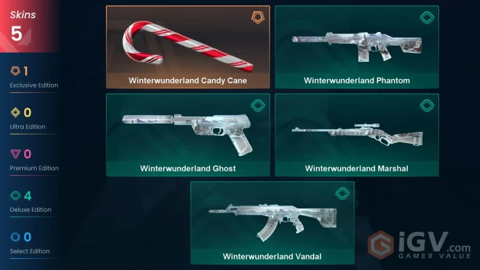 EU - LVL 23 - Unranked - 1 Knife - 5 Skins (~7,650 VP) Winterwunderland Candy Cane, Winterwunderland Vandal, Winterwunderland Phantom