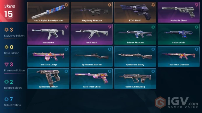 EU - LVL 26 - Unranked - 1 Knife - 15 Skins (~13,425 VP) EX.O Sheriff, Singularity Phantom, Yoru's Stylish Butterfly Comb, Ion Vandal