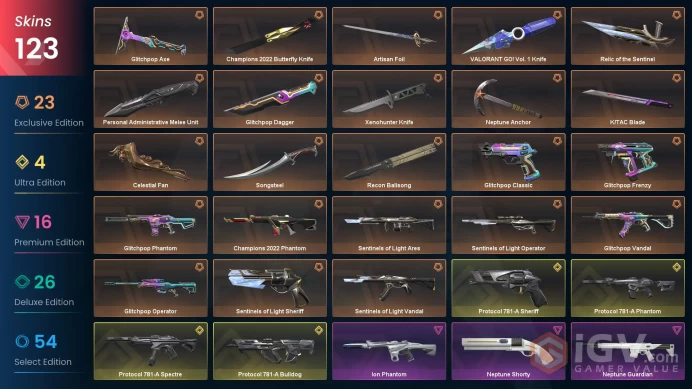 EU - LVL 116 - Unranked - 13 Knifes - 123 Skins (~101,650 VP) Champions 2022 Butterfly Knife, Celestial Fan, Xenohunter Knife, Neptune Anchor, R