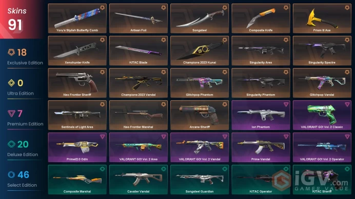 EU - LVL 156 - Unranked - 8 Knifes - 91 Skins (~48,205 VP) Champions 2023 Kunai, Champions 2023 Vandal, Xenohunter Knife, Arcane Sheriff