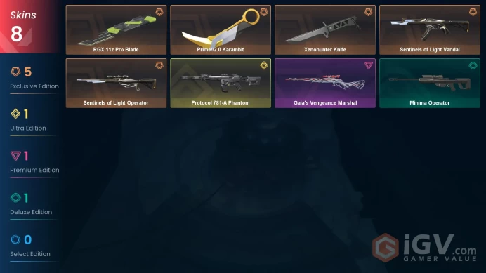 EU - LVL 61 - Unranked - 3 Knifes - 8 Skins (~21,325 VP) Protocol 781-A Phantom, RGX 11z Pro Blade, Prime2 Karambit, Sentinels of Light Vandal, 