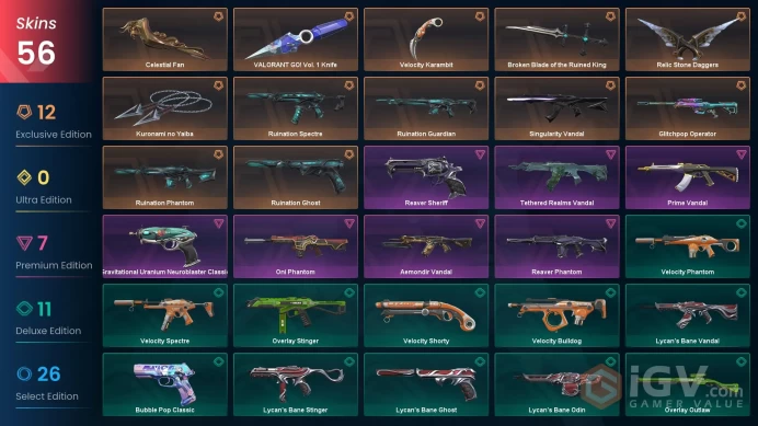 AP - LVL 140 - Unranked - 6 Knifes - 56 Skins (~47,500 VP) Singularity Vandal, Kuronami no Yaiba, VALORANT GO Knife, Ruination Phantom, Relic St