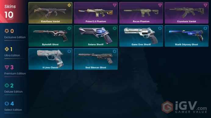 EU - LVL 106 - Unranked - 10 Skins (~7,800 VP) Elderflame Vandal, Prime2 Phantom, Recon Phantom, Cryostasis Vandal