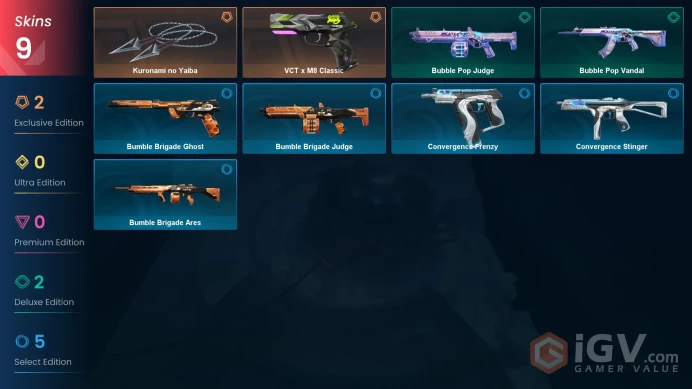 EU - LVL 21 - Unranked - 1 Knife - 9 Skins (~5,350 VP) Kuronami no Yaiba, VCT x M8 Classic, Bubble Pop Vandal