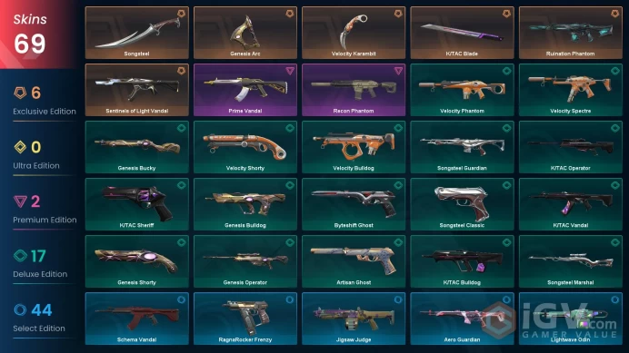 AP - LVL 210 - Unranked - 4 Knifes - 69 Skins (~7,900 VP) Ruination Phantom, KTAC Blade, Sentinels of Light Vandal, Songsteel, Genesis Arc, Velo