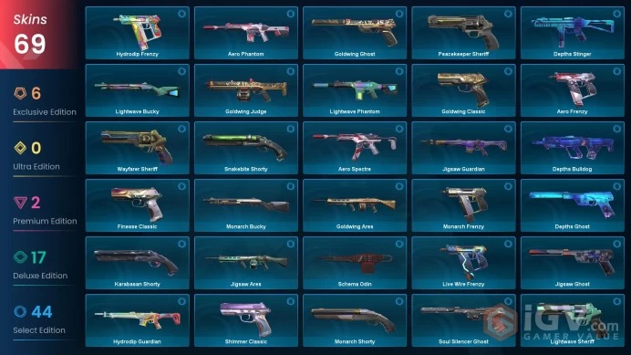 AP - LVL 210 - Unranked - 4 Knifes - 69 Skins (~7,900 VP) Ruination Phantom, KTAC Blade, Sentinels of Light Vandal, Songsteel, Genesis Arc, Velo