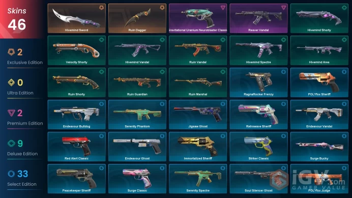 EU - LVL 215 - Unranked - 2 Knifes - 46 Skins (~7,925 VP) Ruin Dagger, Hivemind Sword, Reaver Vandal