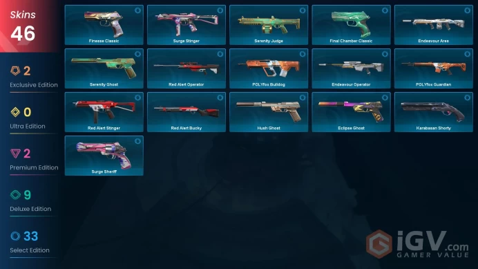 EU - LVL 215 - Unranked - 2 Knifes - 46 Skins (~7,925 VP) Ruin Dagger, Hivemind Sword, Reaver Vandal