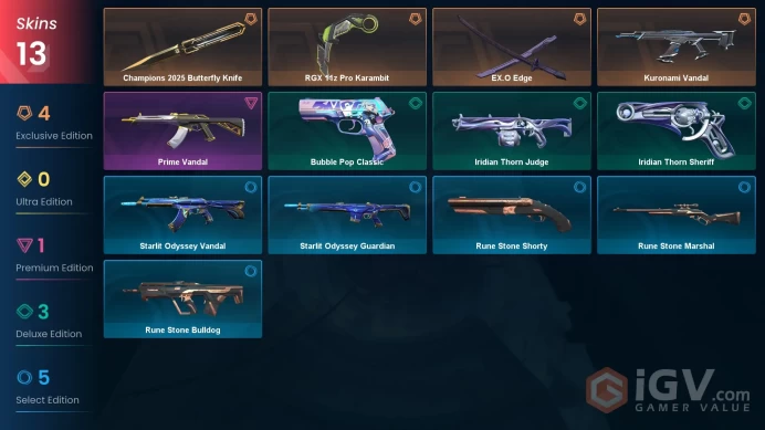 EU - LVL 74 - Unranked - 3 Knifes - 13 Skins (~19,200 VP) RGX 11z Pro Karambit, EX.O Edge, Champions 2025 Butterfly Knife, Kuronami Vandal, Prim