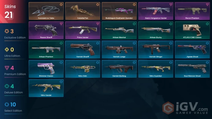 EU - LVL 115 - Unranked - 2 Knifes - 21 Skins (~18,175 VP) Celestial Fan, Kuronami no Yaiba, Bubblegum Deathwish Operator, Prime Vandal, Reaver 