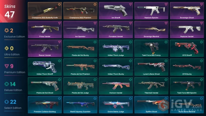 NA - LVL 53 - Unranked - 1 Knife - 47 Skins (~26,550 VP) Champions 2022 Phantom, Champions 2022 Butterfly Knife, Sovereign Ghost, Ion Operator, 