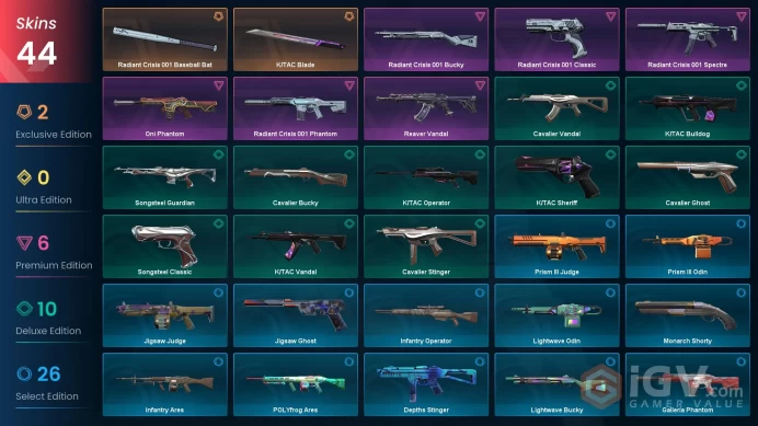 LATAM - LVL 67 - Unranked - 2 Knifes - 44 Skins (~19,450 VP) KTAC Blade, Radiant Crisis 001 Baseball Bat, Radiant Crisis 001 Phantom, Oni Phanto
