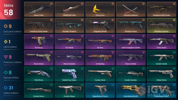 EU-Turkey 58 Skins > x2 Radiant Buddy  EP7 Radiant Champions 2023 Vandal Ruination Phantom XERØFANG Knife Prelude to Chaos Vandal  99062382
