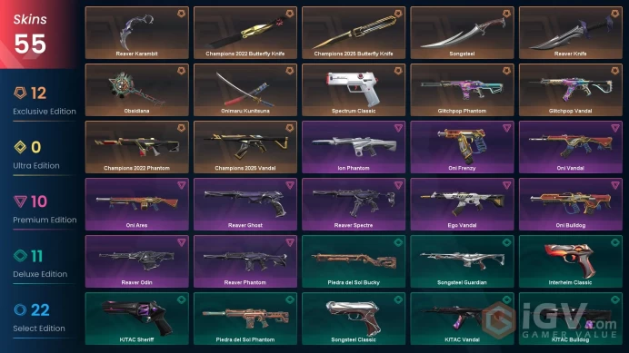 EU 55 skins | Champions 2022 Butterfly Knife | Champions 2022 Phantom | Champions 2025 Butterfly Knife | Champions 2025 Vandal | Onimaru Kunitsu