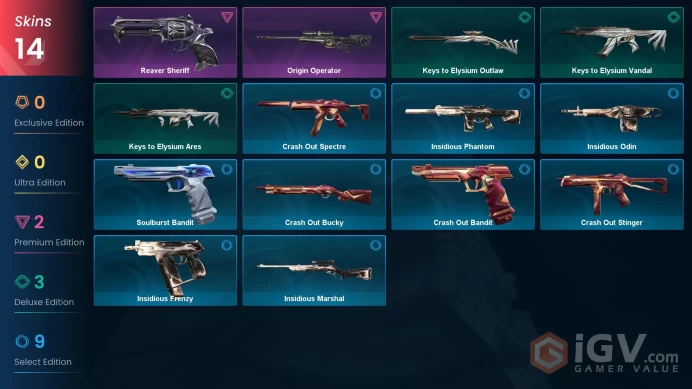 EU | 14 skins | Origin Operator | Reaver Sheriff | Keys to Elysium Ares | Keys to Elysium Vandal | Keys to Elysium Outlaw | I9586