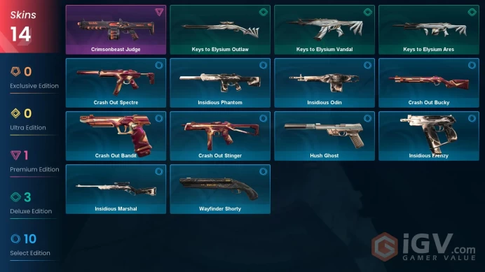 14 skins | Crimsonbeast Judge | Keys to Elysium Vandal | Keys to Elysium Outlaw | Keys to Elysium Ares | Insidious Frenzy | Z5552