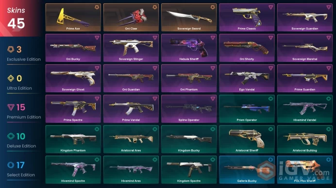 [NA] 45 SKINS | 3 KNIFES | Sovereign Sword | Prime Axe | Oni Claw | ~ 47,625 VP Inventory value | Platinum 1 Last Rank