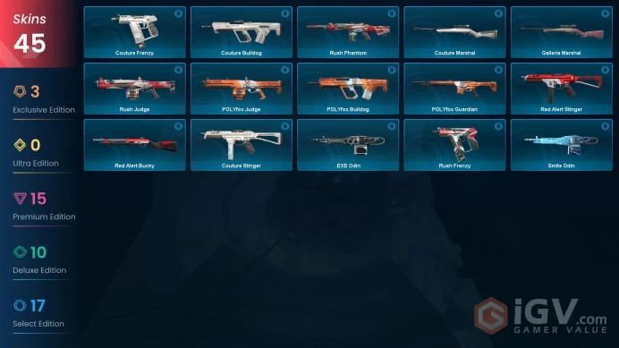[NA] 45 SKINS | 3 KNIFES | Sovereign Sword | Prime Axe | Oni Claw | ~ 47,625 VP Inventory value | Platinum 1 Last Rank