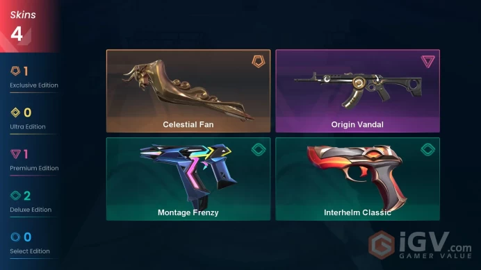 [NA] 4 SKINS | 1 KNIFES | 12 AGENTS | Celestial Fan, Origin Vandal, Montage Frenzy, Interhelm Classic | ~ 5,325 VP Inventory value
