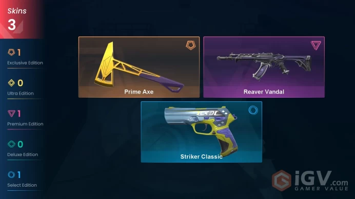 [EU] 3 SKINS | 1 KNIFES | 14 AGENTS | Prime Axe, Reaver Vandal, Striker Classic | ~ 5,325 VP Inventory value