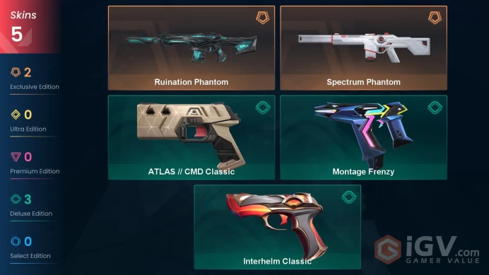 [NA] 5 SKINS | 0 KNIFES | 21 AGENTS | Ruination Phantom, Spectrum Phantom, Montage Frenzy, ATLAS // CMD Classic | ~ 4,850 VP Inventory value