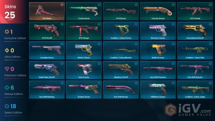 [EU] 25 SKINS | 1 KNIFES | 18 AGENTS | .SYS Melee, Comet Ghost, .SYS Bucky, Velocity Shorty | Ranked Ready
