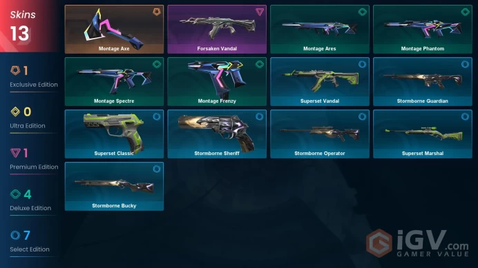 [EU] 13 SKINS | 1 KNIFES | 19 AGENTS | Montage Axe, Forsaken Vandal, Montage Spectre, Montage Phantom | ~ 1,775 VP Inventory value