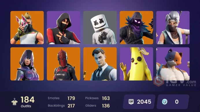 184 Skins -  Mail Access - Ikonik - Glow - Super Deluxe STW- Scenario -89 Purchased Emotes - 53 Purchased Skins