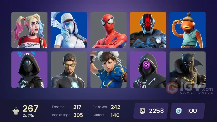 PC/PSN/Xbox/Nintendo 267 skins Leviathan Axe | Pitch Patroller | Heron Stance Hero | Dummy Supreme | Menace | Midas Rex | Raz | Ronin | Oblivion