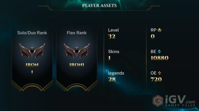 | EUW | 1 SKINS | IRON 1 | 28 CHAMPIONS | 32 LEVEL | INSTANT DELIVERY | FULL ACCESS | G4t5C |