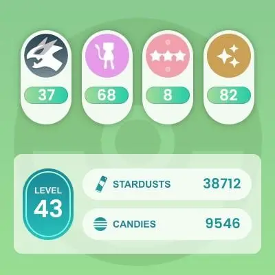 #3237 Level 43, 586 Pokemon, 82 Shiny, 37 Legend, 8 IV 100, 3 Shiny Legend, 5 Shadow Legend, Bag Items 625