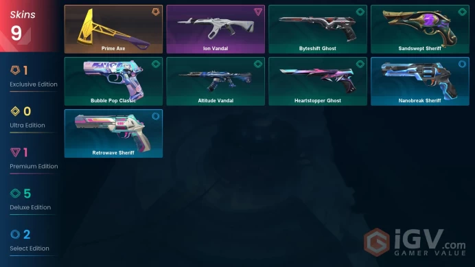 AP 9 skins 1 knifes | Prime Axe | Ion Vandal | Bubble Pop Classic | Sandswept Sheriff | Byteshift Ghost | Heartstopper Ghost | V0277