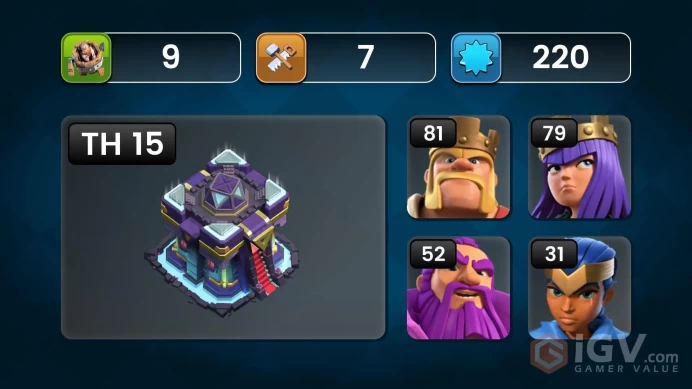Th 15 Level 210 | Hero (81/78/52/25) | 1 Equipment Epic | 11 Magic Items | 6 Hero Skin | 1754 War Stars | 456 Gems