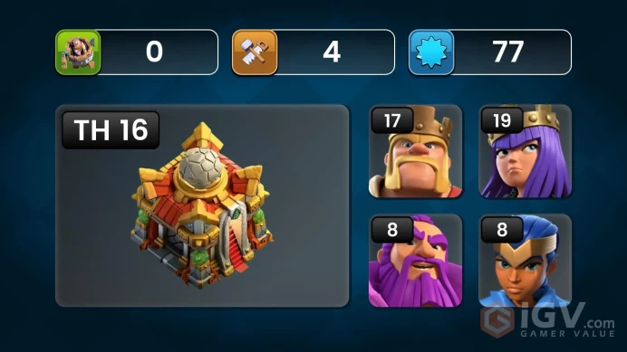 Th 16 Level 77 | Hero (17/19/8/8) | 2 Equipment Epic | 8 Magic Items | 2 Hero Skin | 178 War Stars | 80 Gems