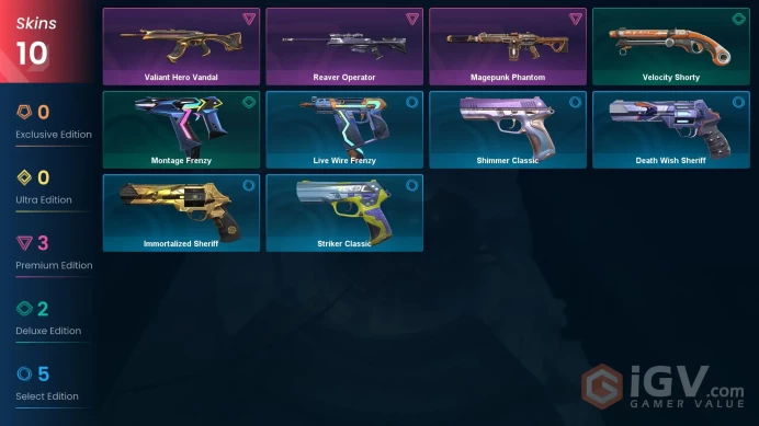 AP 10 skins | Magepunk Phantom | Valiant Hero Vandal | Reaver Operator | Velocity Shorty | Montage Frenzy | Immortalized Sheriff | V0333