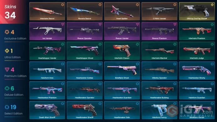 EU 34 skins | ORA by OneTap Sheriff | Reverie Sword | Heart Splitter | Interhelm Sword | CYRAX Vandal | Reaver Operator | Reaver Phantom | V0423