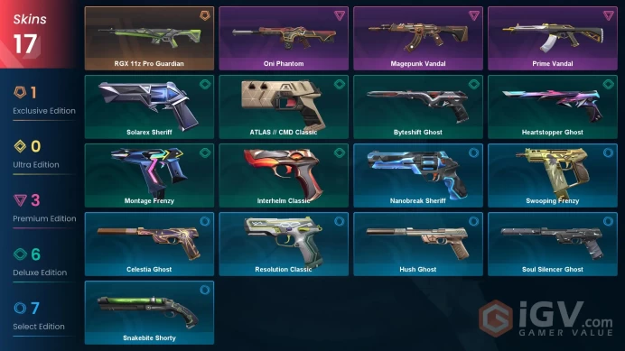 AP 17 skins | RGX 11z Pro Guardian | Magepunk Vandal | Oni Phantom | Prime Vandal | Byteshift Ghost | Montage Frenzy | Solarex Sheriff | V0275