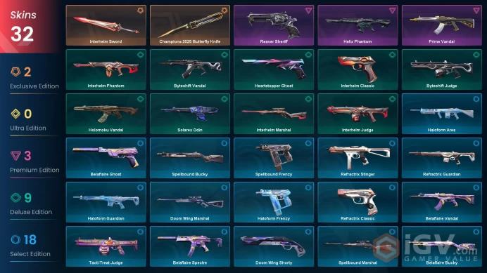 EU 32 skins | Champions 2025 Butterfly Knife | Prime Vandal | Interhelm Sword | Helix Phantom | Byteshift Vandal | Reaver Sheriff | V0478