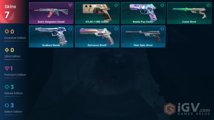 AP 7 skins | Gaia's Vengeance Vandal | ATLAS // CMD Classic | Comet Ghost | Bubble Pop Classic | Fiber Optic Ghost | Soulburst Bandit | V0516