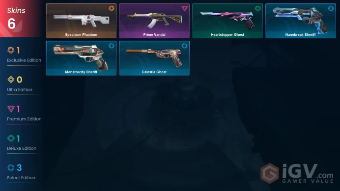 AP 6 skins | Spectrum Phantom | Prime Vandal | Heartstopper Ghost | Celestia Ghost | Monstrocity Sheriff | Nanobreak Sheriff | V0525