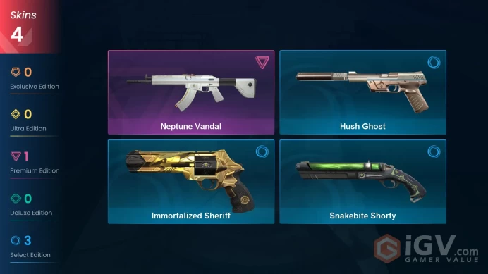 AP 4 skins | Neptune Vandal | Hush Ghost | Snakebite Shorty | Immortalized Sheriff | V0526