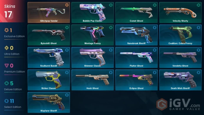 AP 17 skins | Glitchpop Vandal | Comet Ghost | Velocity Shorty | Byteshift Ghost | Montage Frenzy | Bubble Pop Classic | Flutter Ghost | V0527